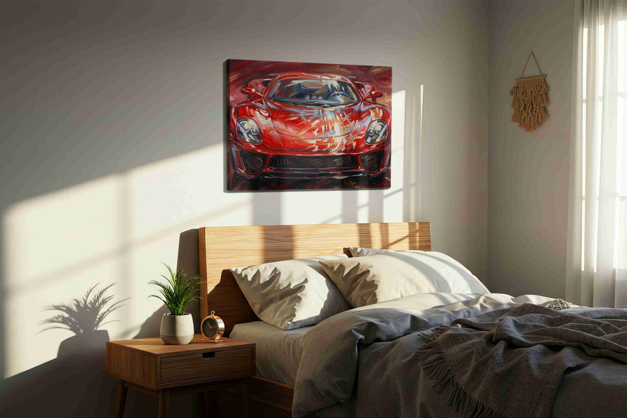Velocity Flames automobile canvas print, displayed in a bedroom