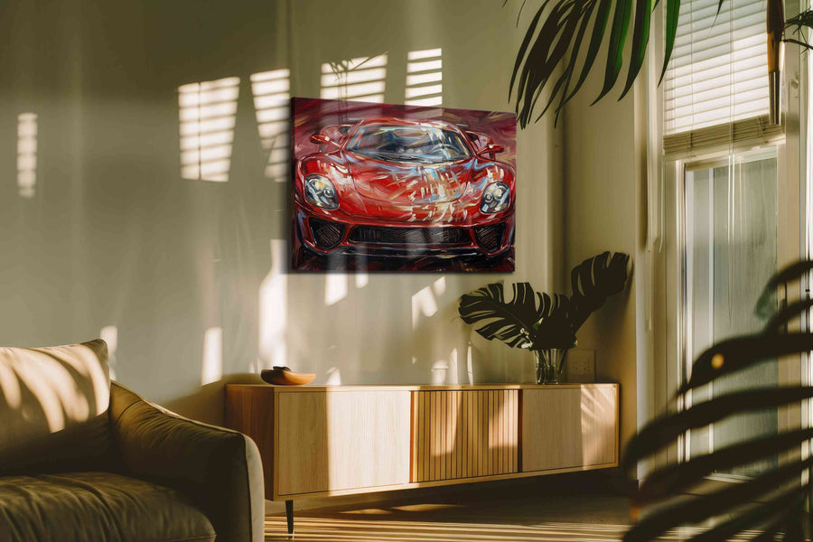 Velocity Flames automobile canvas print in a contemporary interior mockup