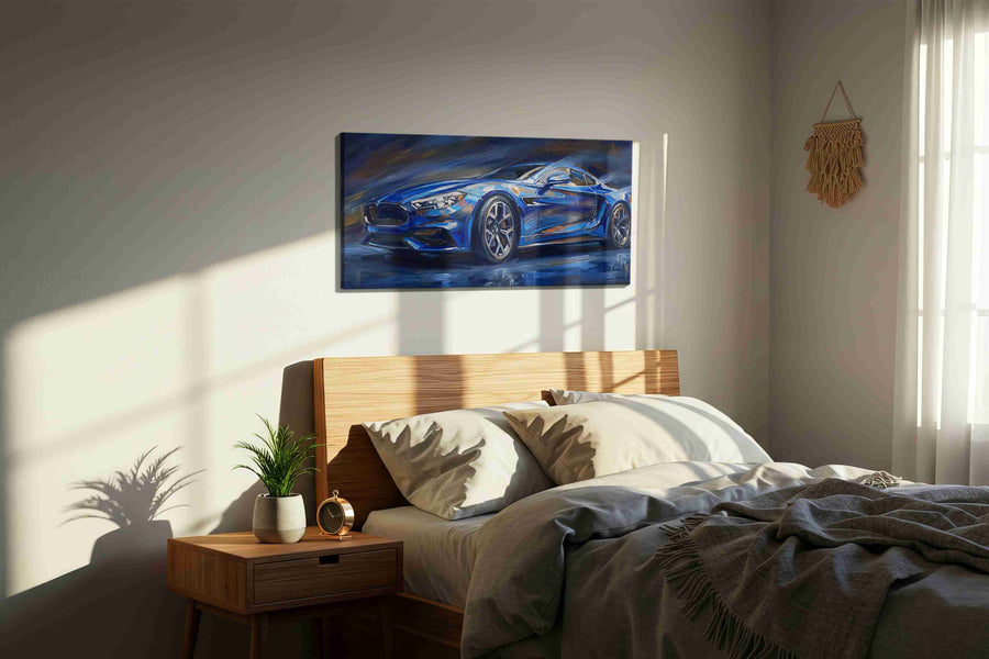 Velocity in Blue automobile canvas print, displayed in a bedroom