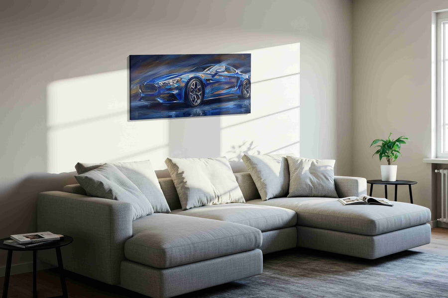 Velocity in Blue automobile canvas print, displayed in a living room