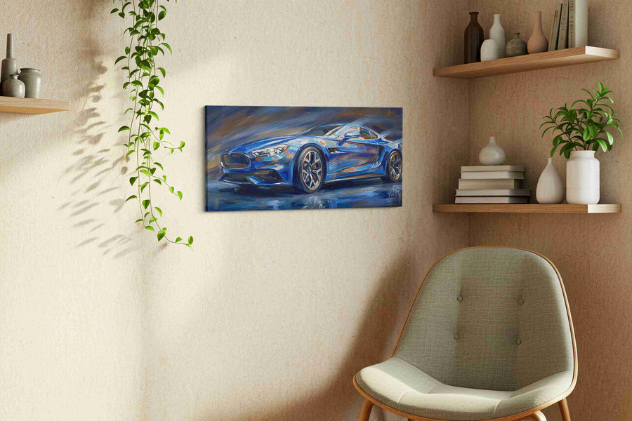 Velocity in Blue automobile canvas print in a living room scene