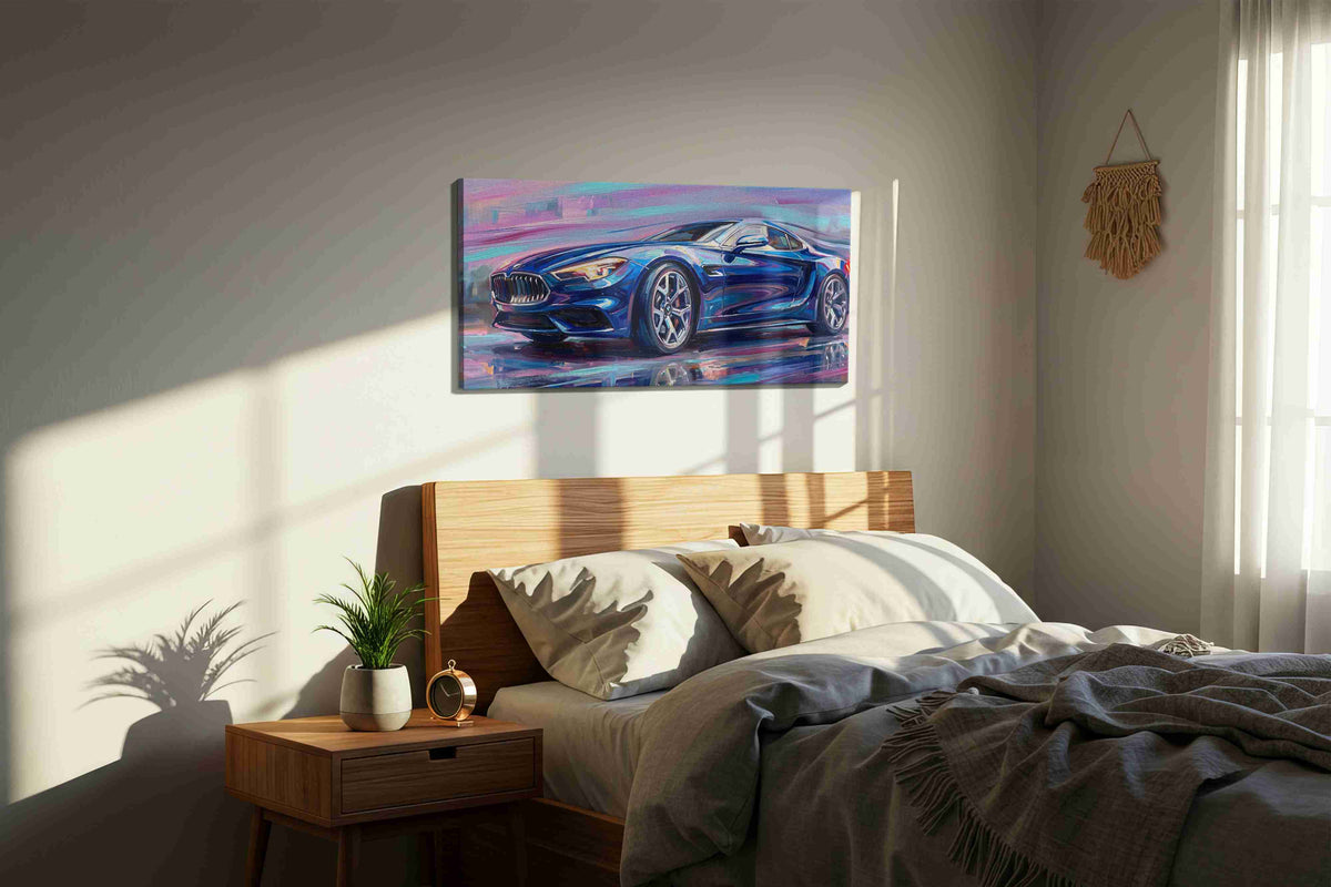 Velocity in Blue III automobile canvas print, displayed in a bedroom