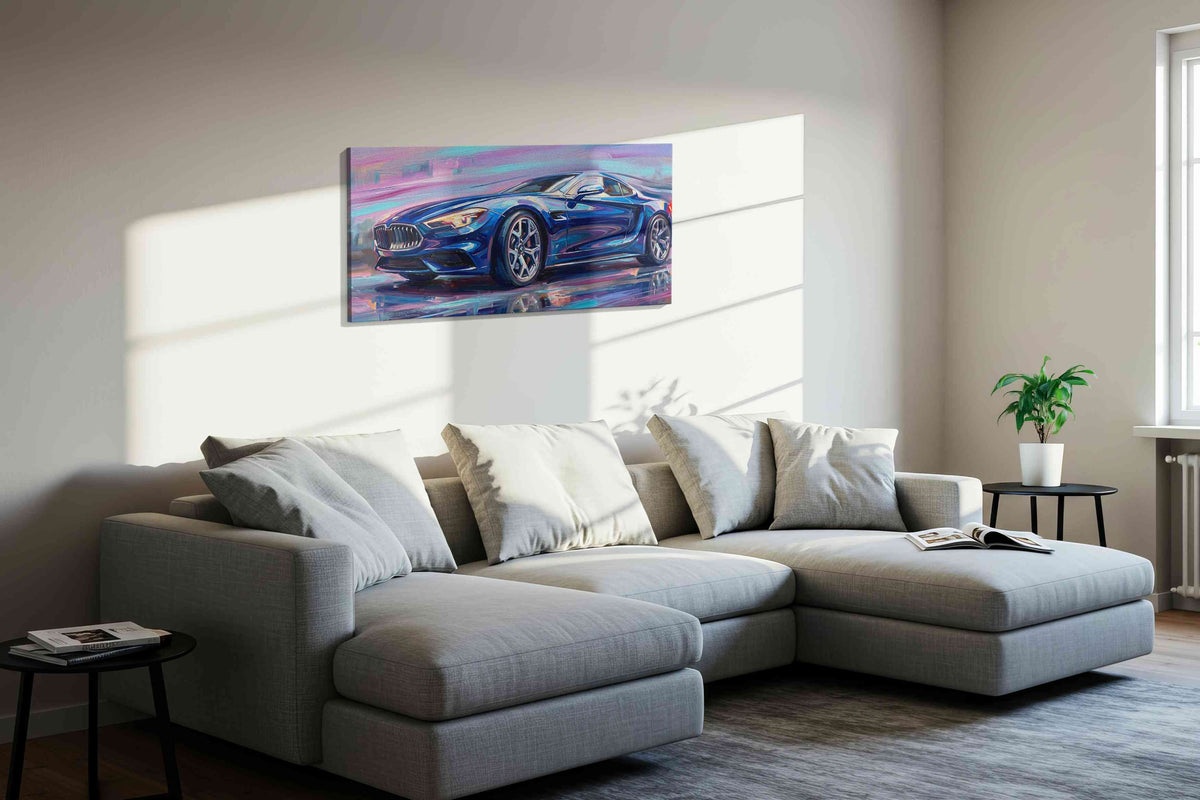 Velocity in Blue III automobile canvas print, displayed in a living room