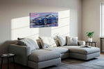 Velocity in Blue III automobile canvas print, displayed in a living room