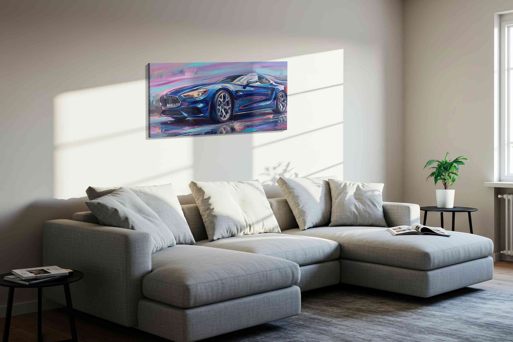 Velocity in Blue III automobile canvas print, displayed in a living room