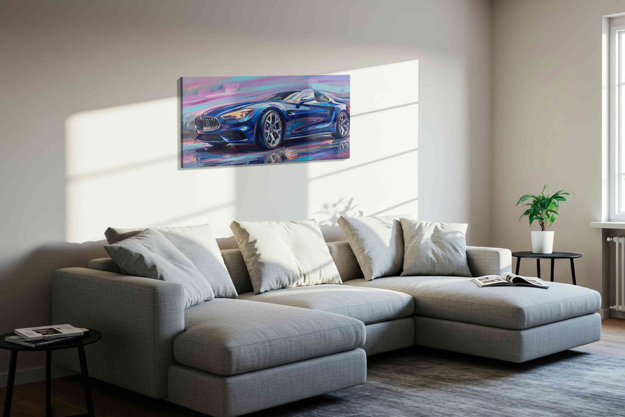 Velocity in Blue III automobile canvas print, displayed in a living room