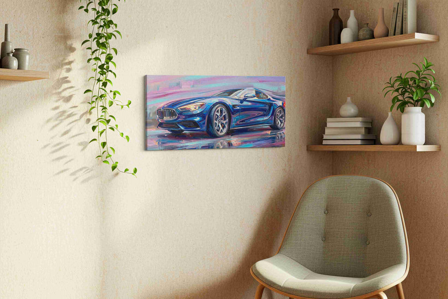 Velocity in Blue III automobile canvas print in a living room scene