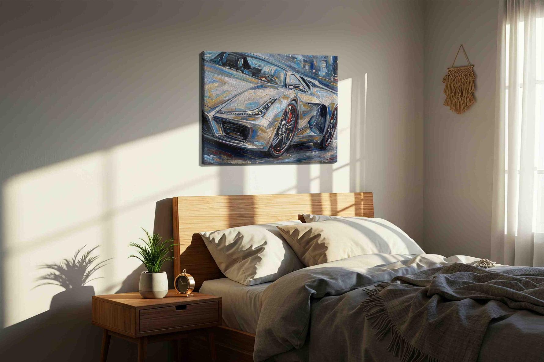Velocity in Brushstrokes automobile canvas print, displayed in a bedroom