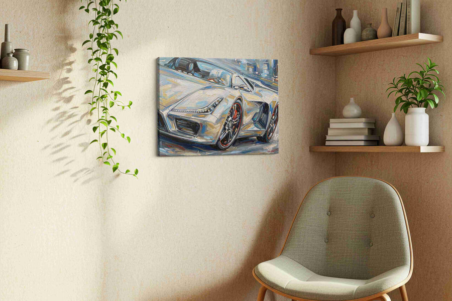 Velocity in Brushstrokes automobile canvas print styled in a living room