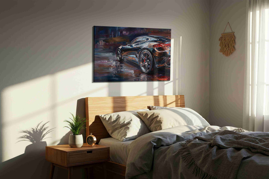 Velocity in Brushstrokes II automobile canvas print, displayed in a bedroom
