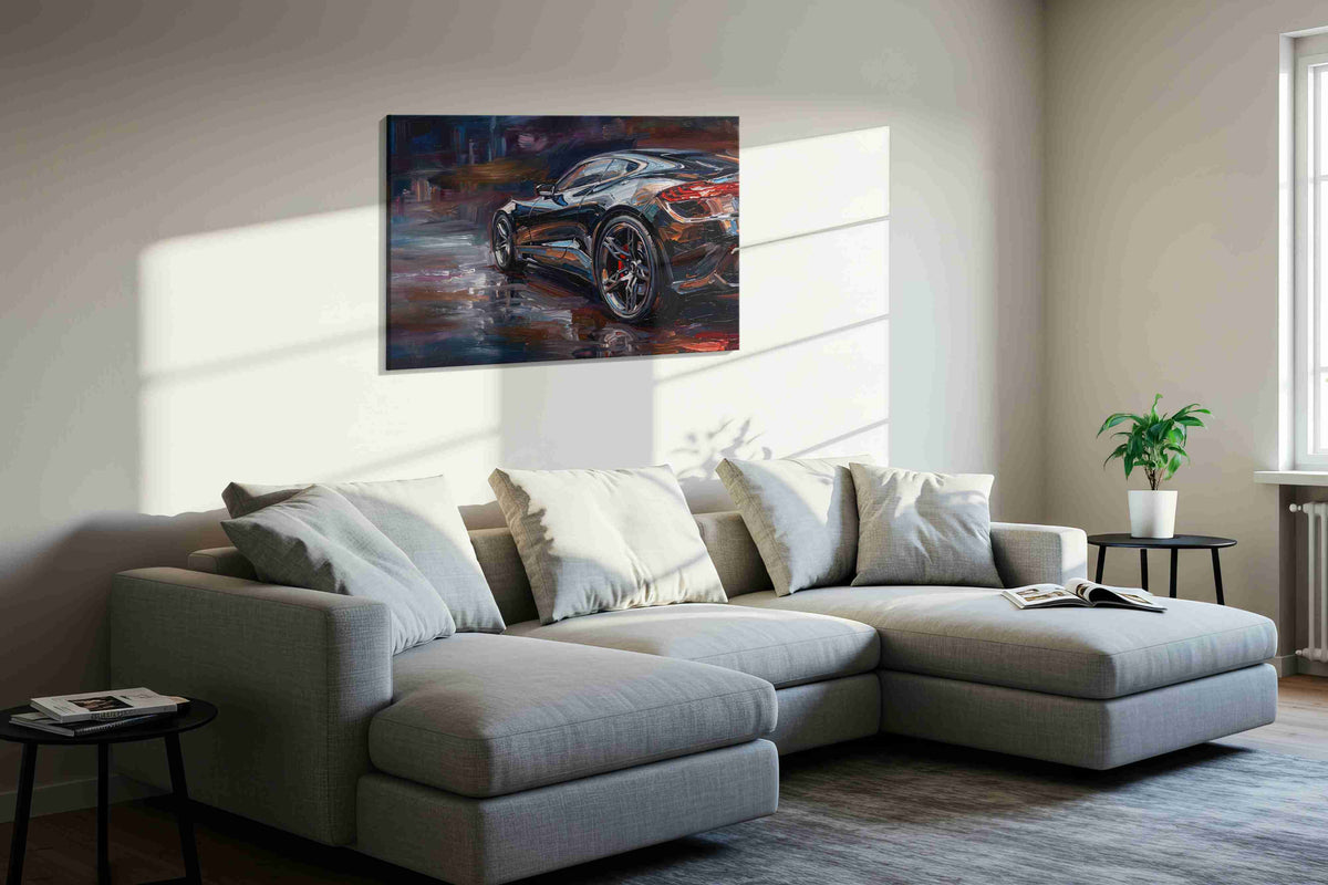Velocity in Brushstrokes II automobile canvas print, displayed in a living room