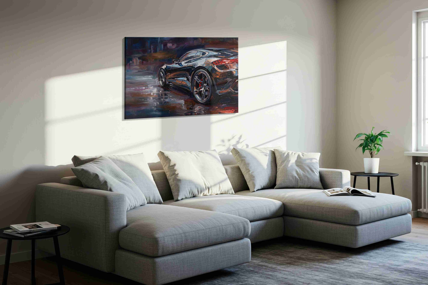 Velocity in Brushstrokes II automobile canvas print, displayed in a living room