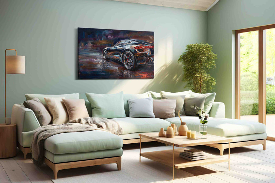 Velocity in Brushstrokes II automobile canvas print shown in a wall scene