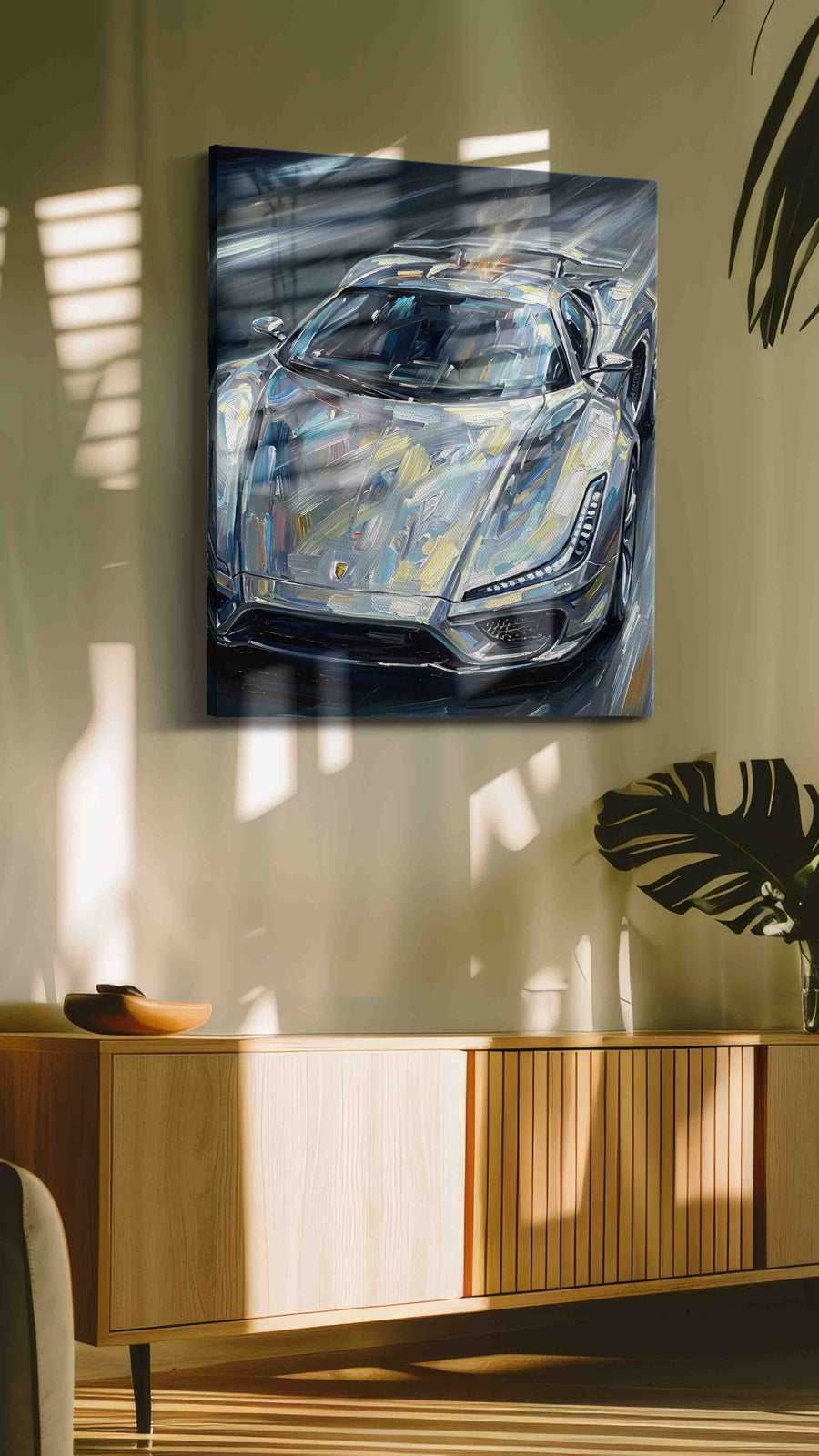 Velocity in Chrome automobile canvas print in a contemporary interior mockup