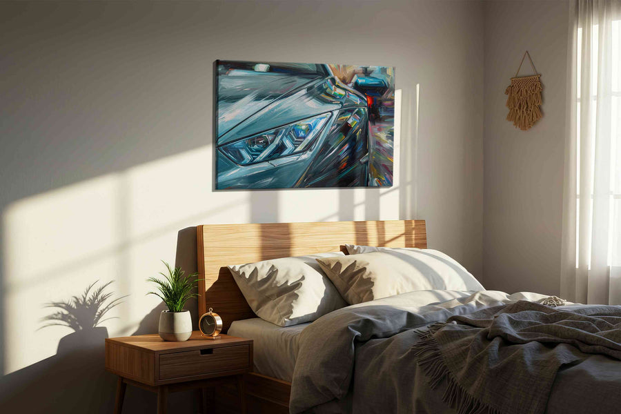 Velocity in Motion II automobile canvas print, displayed in a bedroom