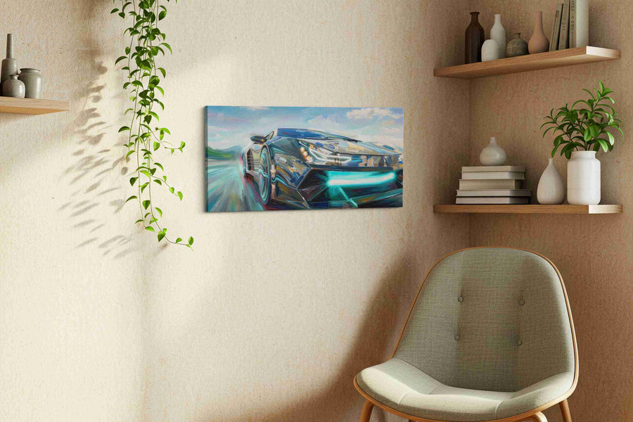 Velocity in Motion III automobile canvas print, displayed in a living room