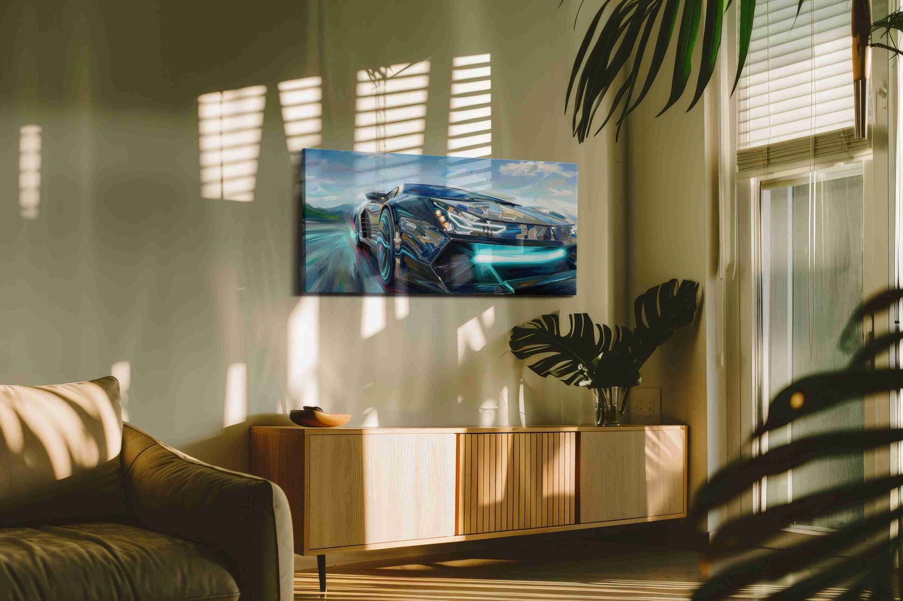 Velocity in Motion III automobile canvas print in a contemporary interior mockup