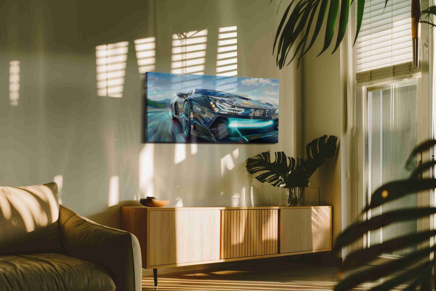 Velocity in Motion III automobile canvas print in a contemporary interior mockup