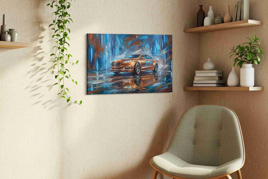 Velocity in Vivid Blue automobile canvas print, displayed in a living room