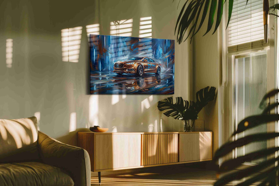 Velocity in Vivid Blue automobile canvas print in a contemporary interior mockup