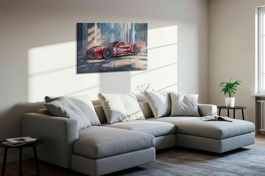 Velocity in Vivid Strokes automobile canvas print, displayed in a living room
