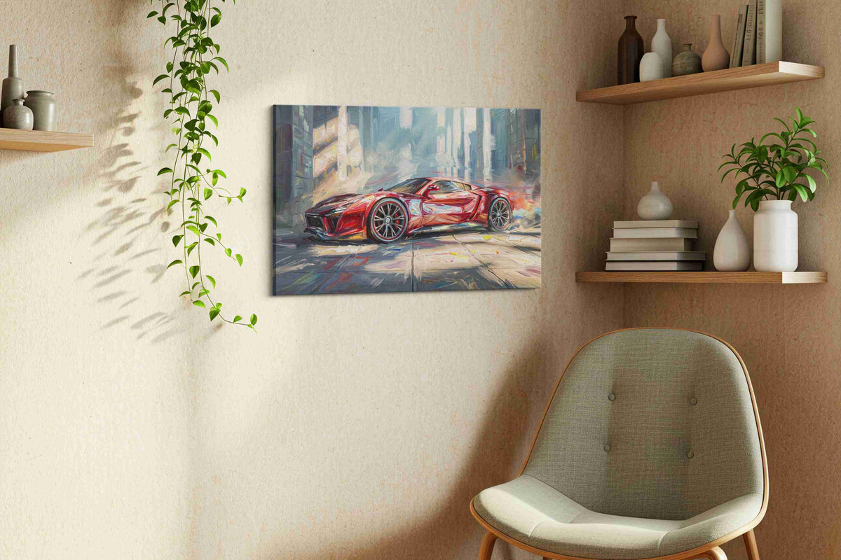 Velocity in Vivid Strokes automobile canvas print styled in a living room