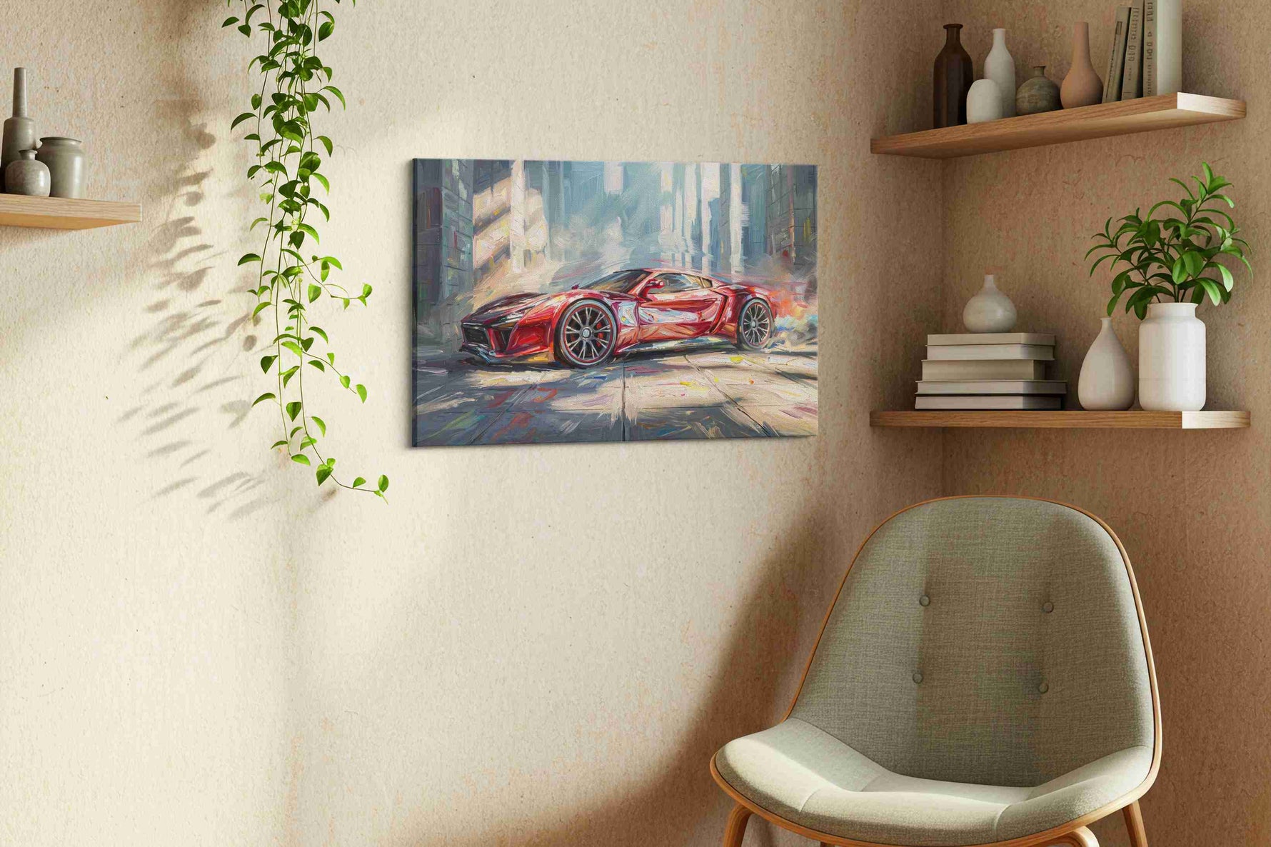 Velocity in Vivid Strokes automobile canvas print styled in a living room