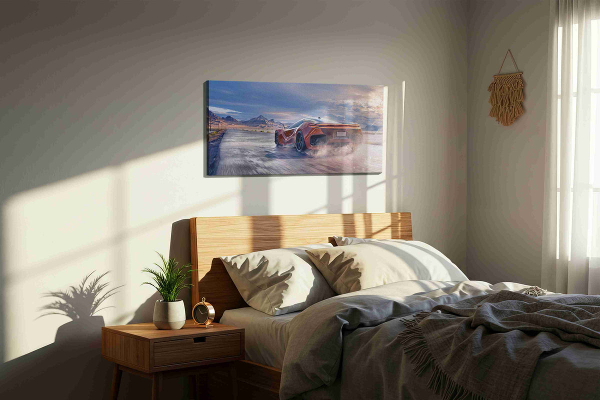 Velocity in the Desert Sun automobile canvas print, displayed in a bedroom