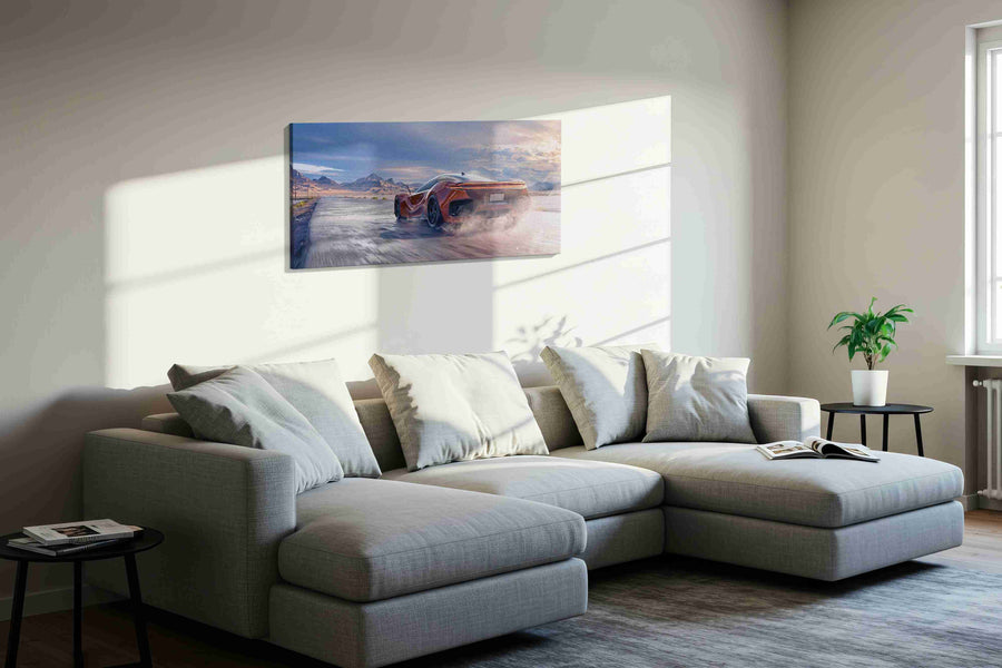 Velocity in the Desert Sun automobile canvas print styled in a living room