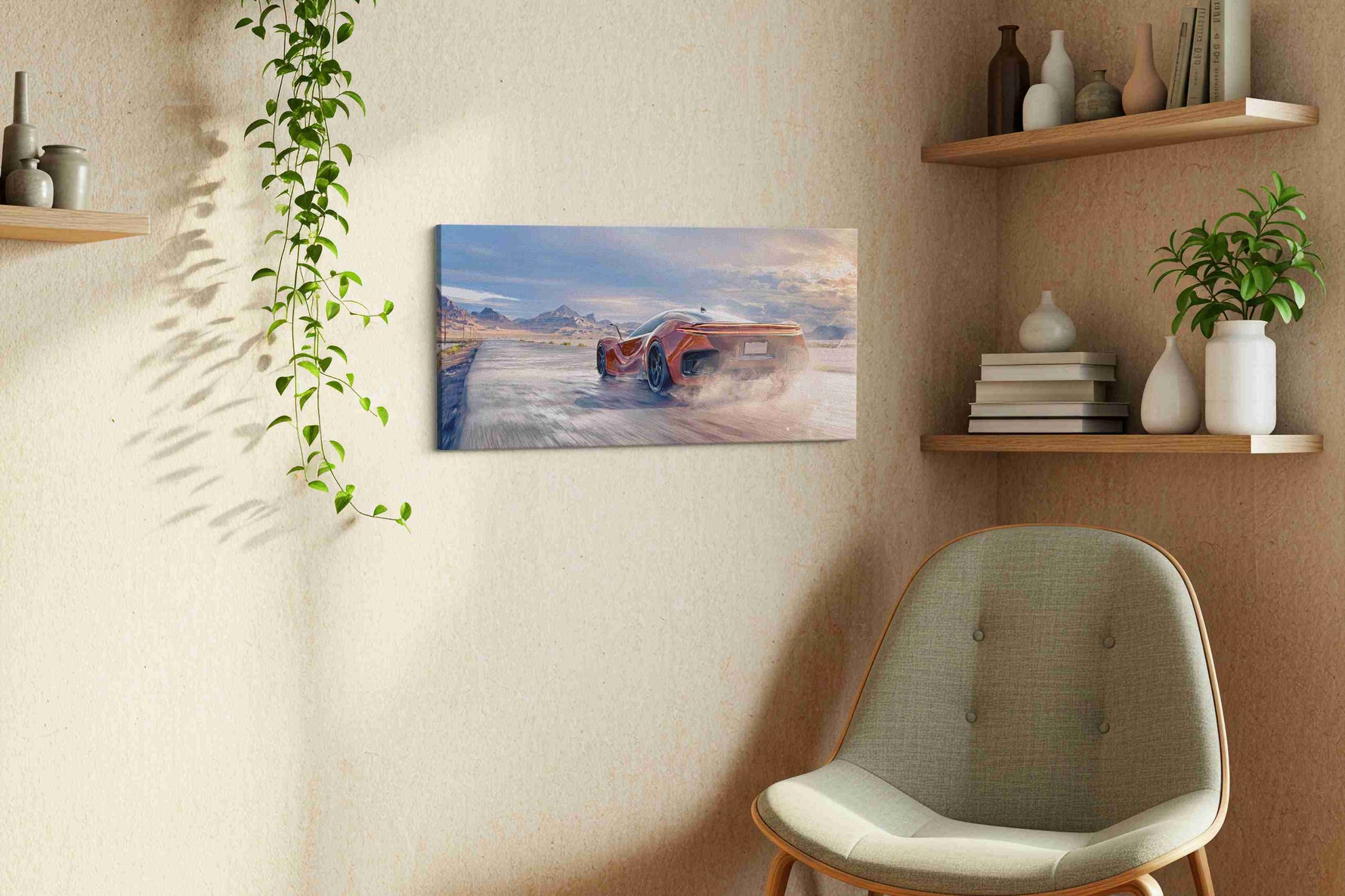 Velocity in the Desert Sun automobile canvas print, displayed in a living room