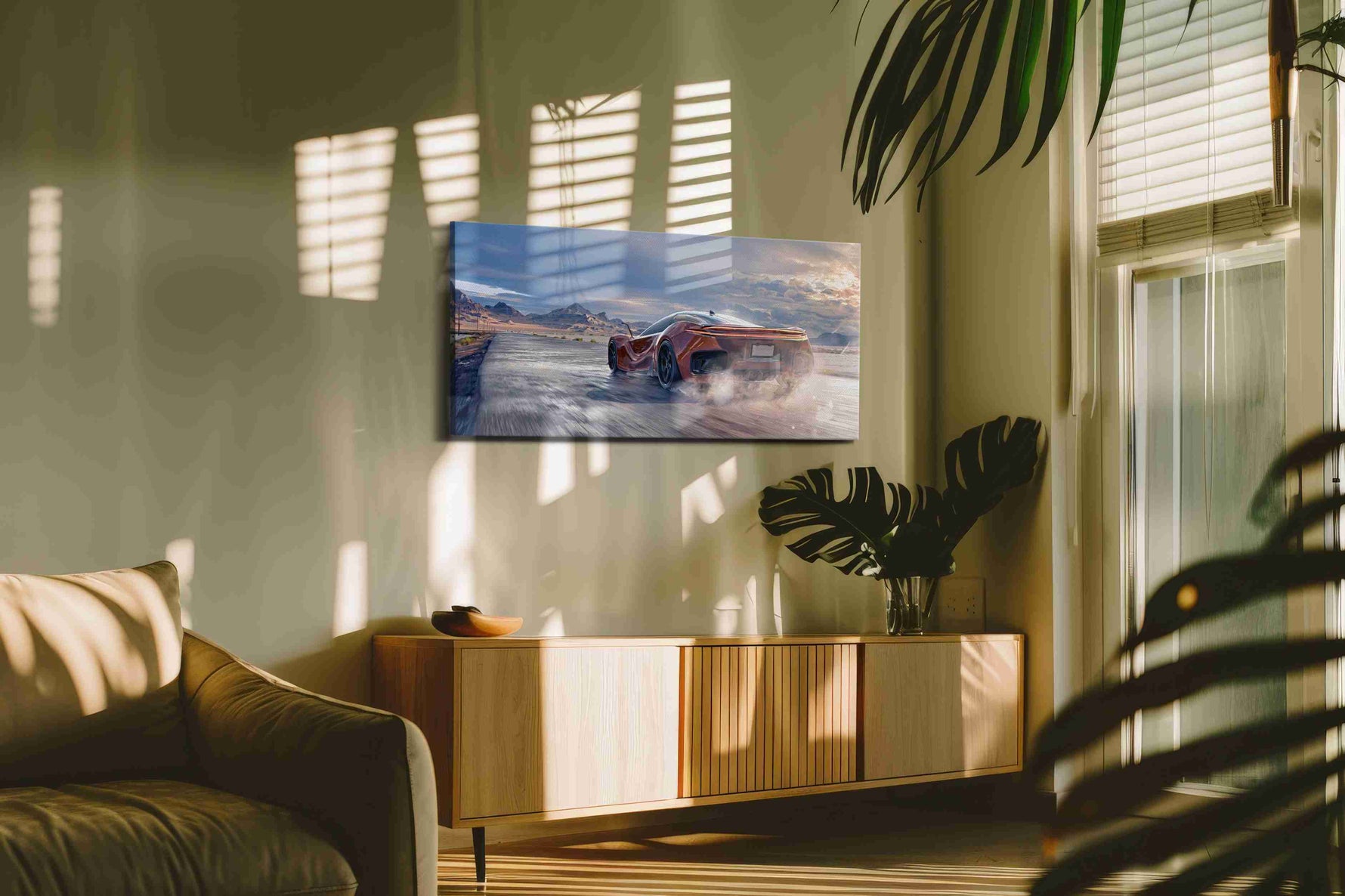 Velocity in the Desert Sun automobile canvas print in a hung canvas mockup