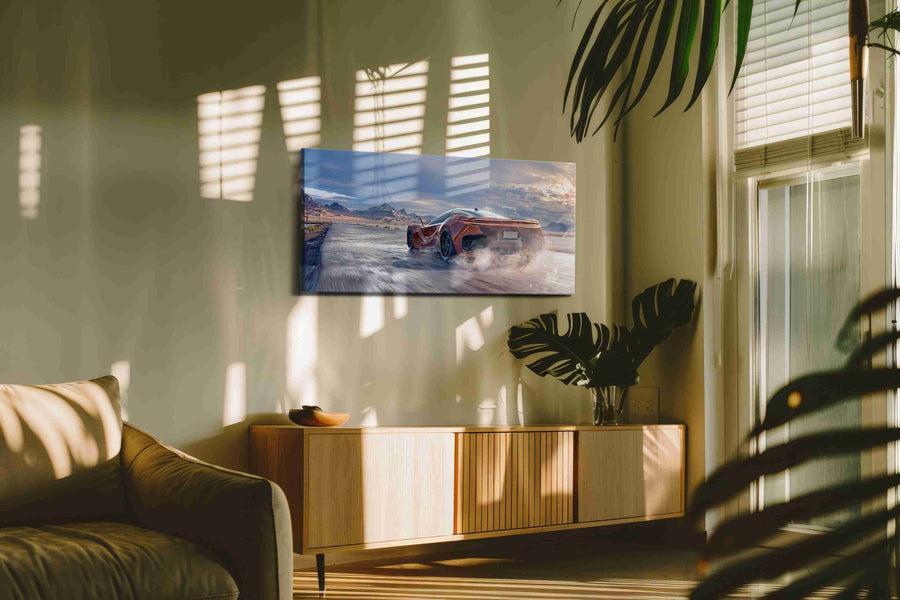 Velocity in the Desert Sun automobile canvas print in a hung canvas mockup