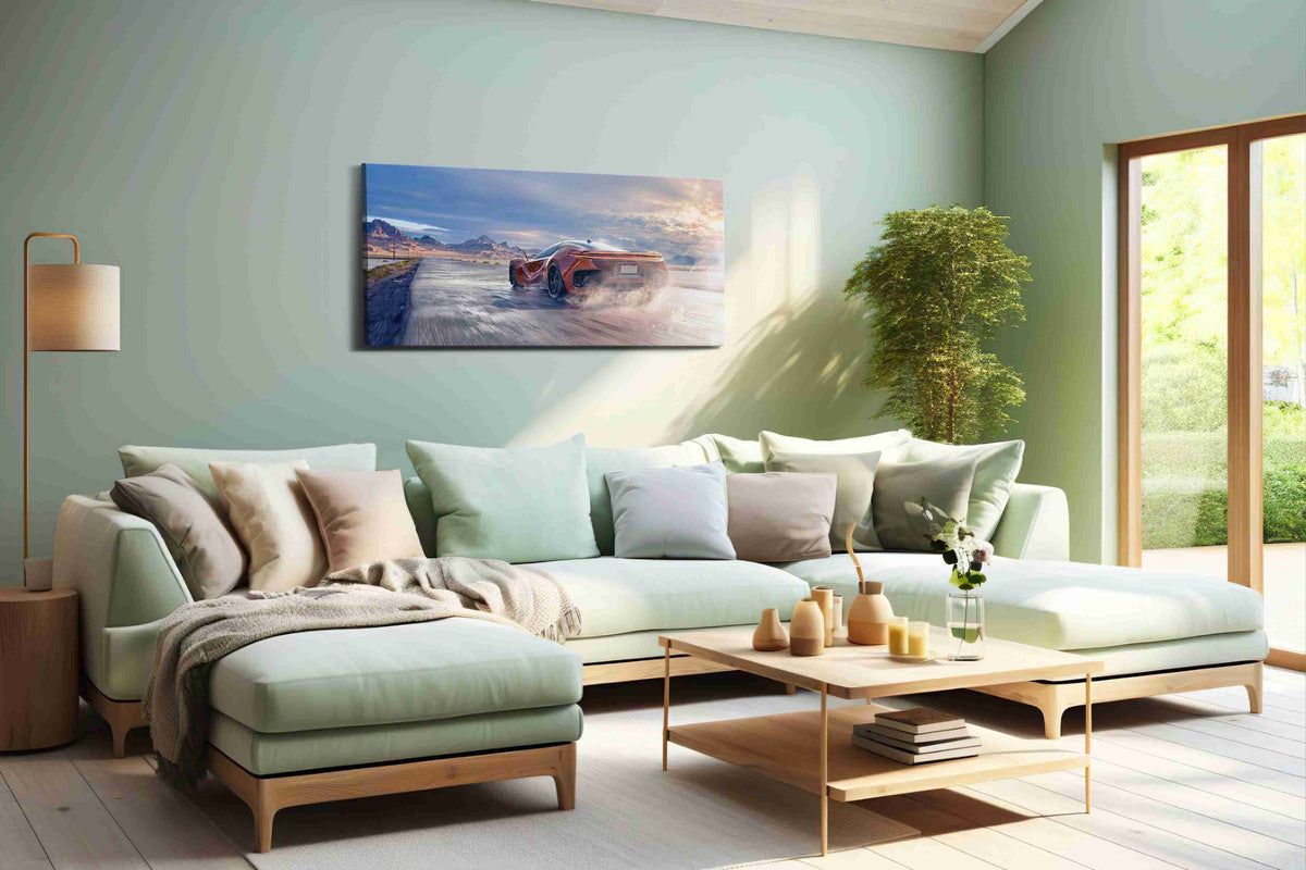Velocity in the Desert Sun automobile canvas print, hanging on wall