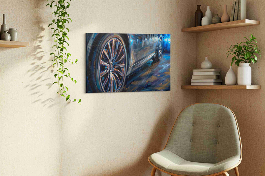 Velocity of Justice automobile canvas print, displayed in a living room