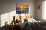 Radiant Waves of Sunset summer canvas print, displayed in a bedroom