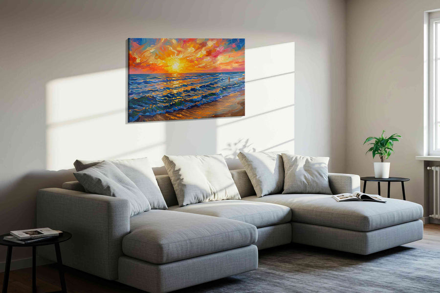 Radiant Waves of Sunset summer canvas print, displayed in a living room