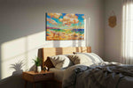 Sunlit Symphony by the Sea summer canvas print, displayed in a bedroom
