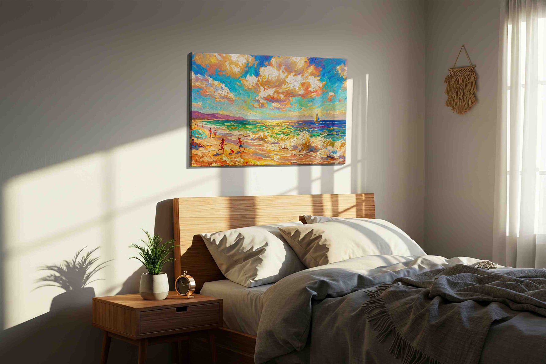 Sunlit Symphony by the Sea summer canvas print, displayed in a bedroom