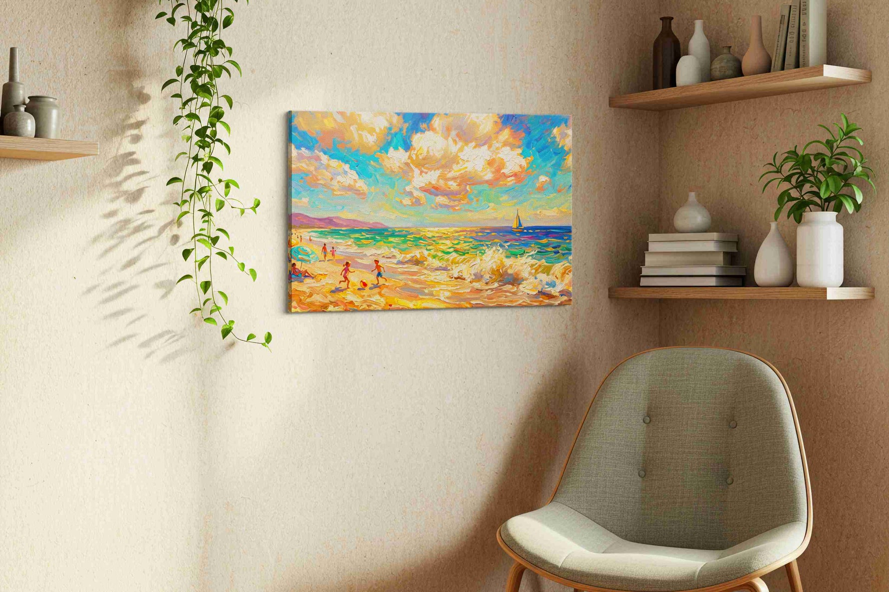 Sunlit Symphony by the Sea summer canvas print, displayed in a living room