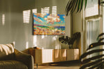 Sunlit Symphony by the Sea summer canvas print in a hung canvas mockup