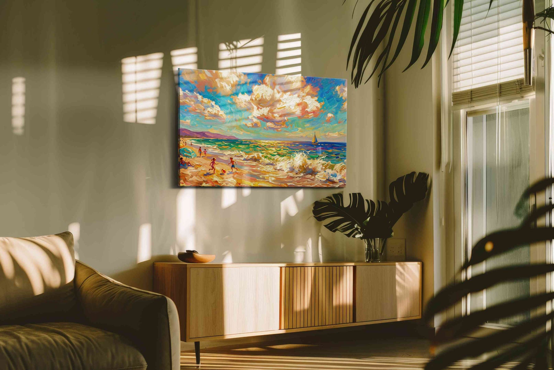 Sunlit Symphony by the Sea summer canvas print in a hung canvas mockup