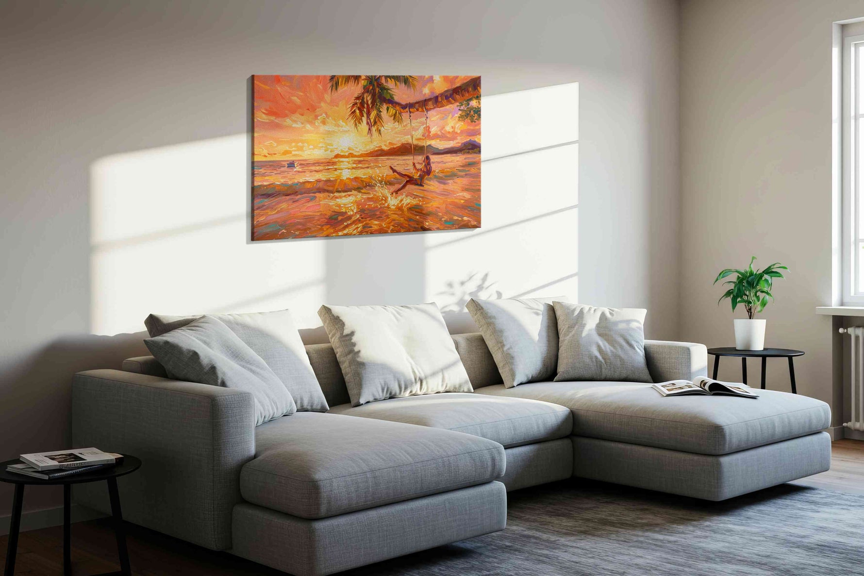 Sunset Serenade Swing summer canvas print, displayed in a living room