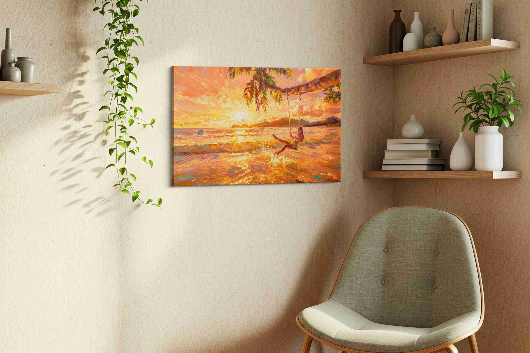 Sunset Serenade Swing summer canvas print styled in a living room