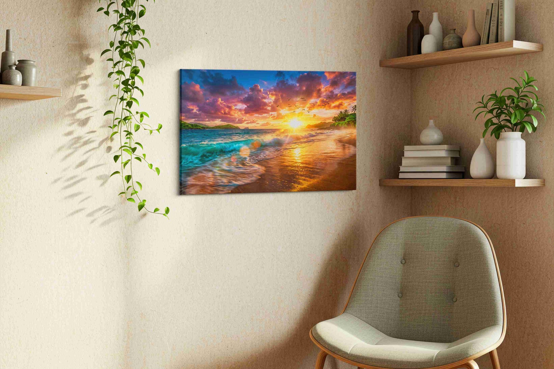 Sunset Serenade by the Sea summer canvas print, displayed in a living room