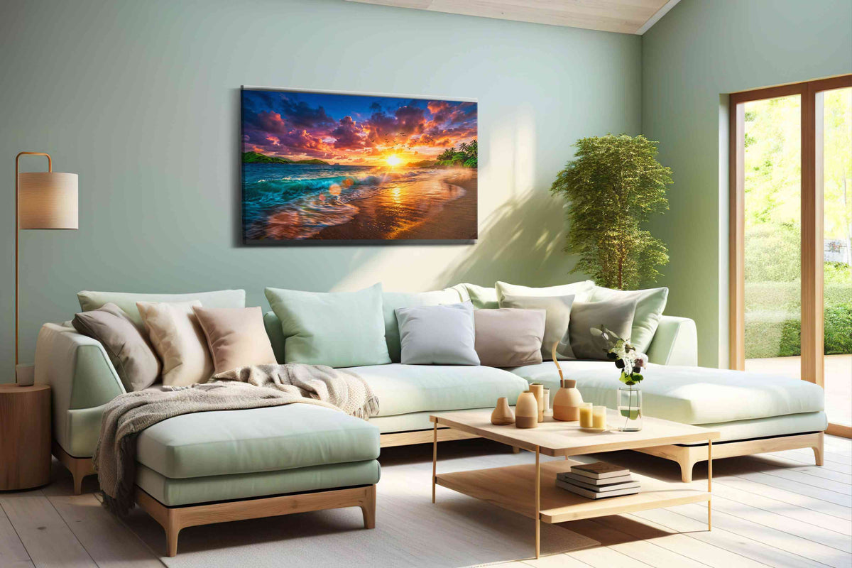 Sunset Serenade by the Sea summer canvas print shown in a wall scene