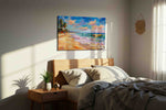 Vibrant Shores at Sunset summer canvas print, displayed in a bedroom