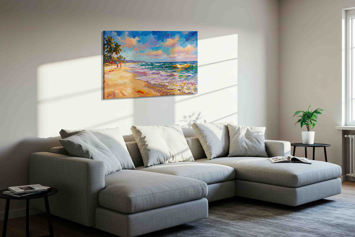 Vibrant Shores at Sunset summer canvas print, displayed in a living room