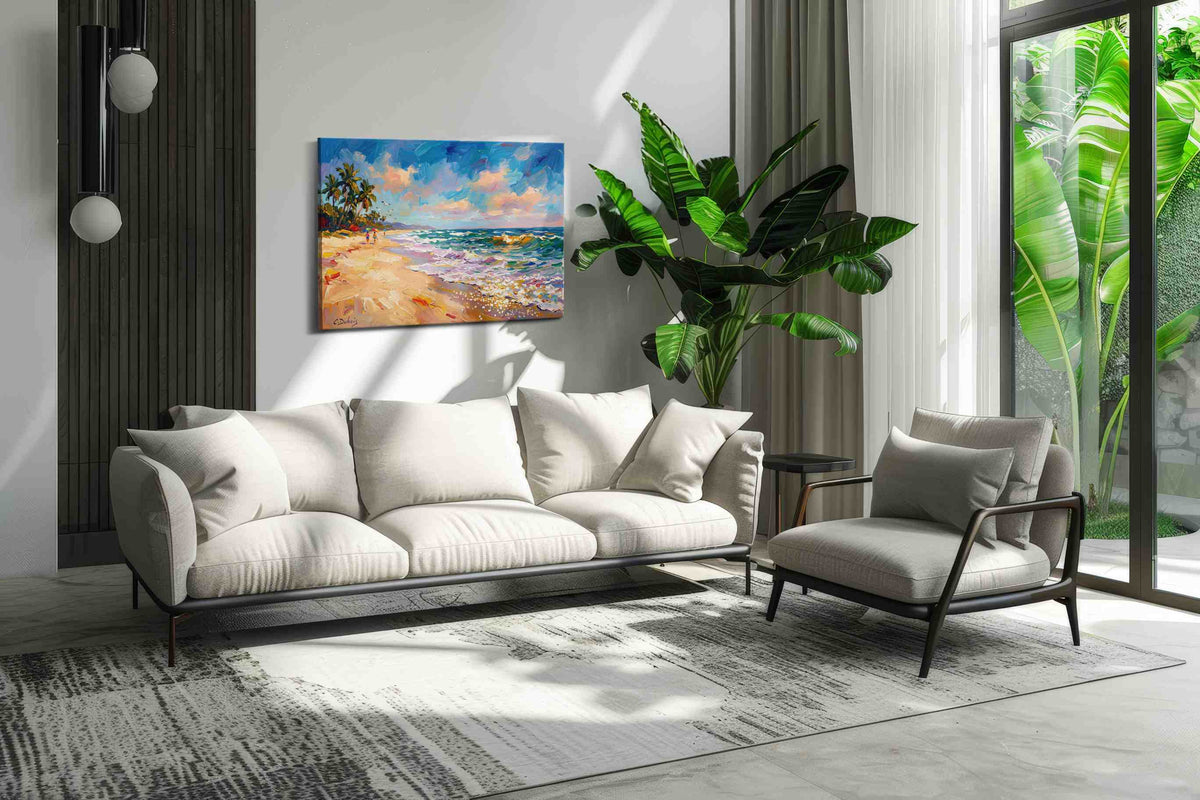 Vibrant Shores at Sunset summer canvas print in a hung canvas mockup