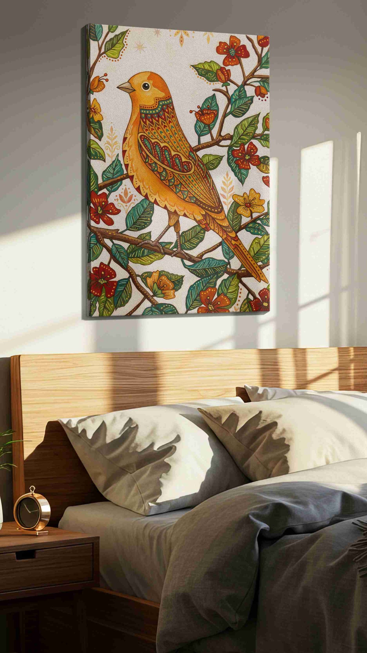 Songbird Serenade birds canvas print, displayed in a bedroom