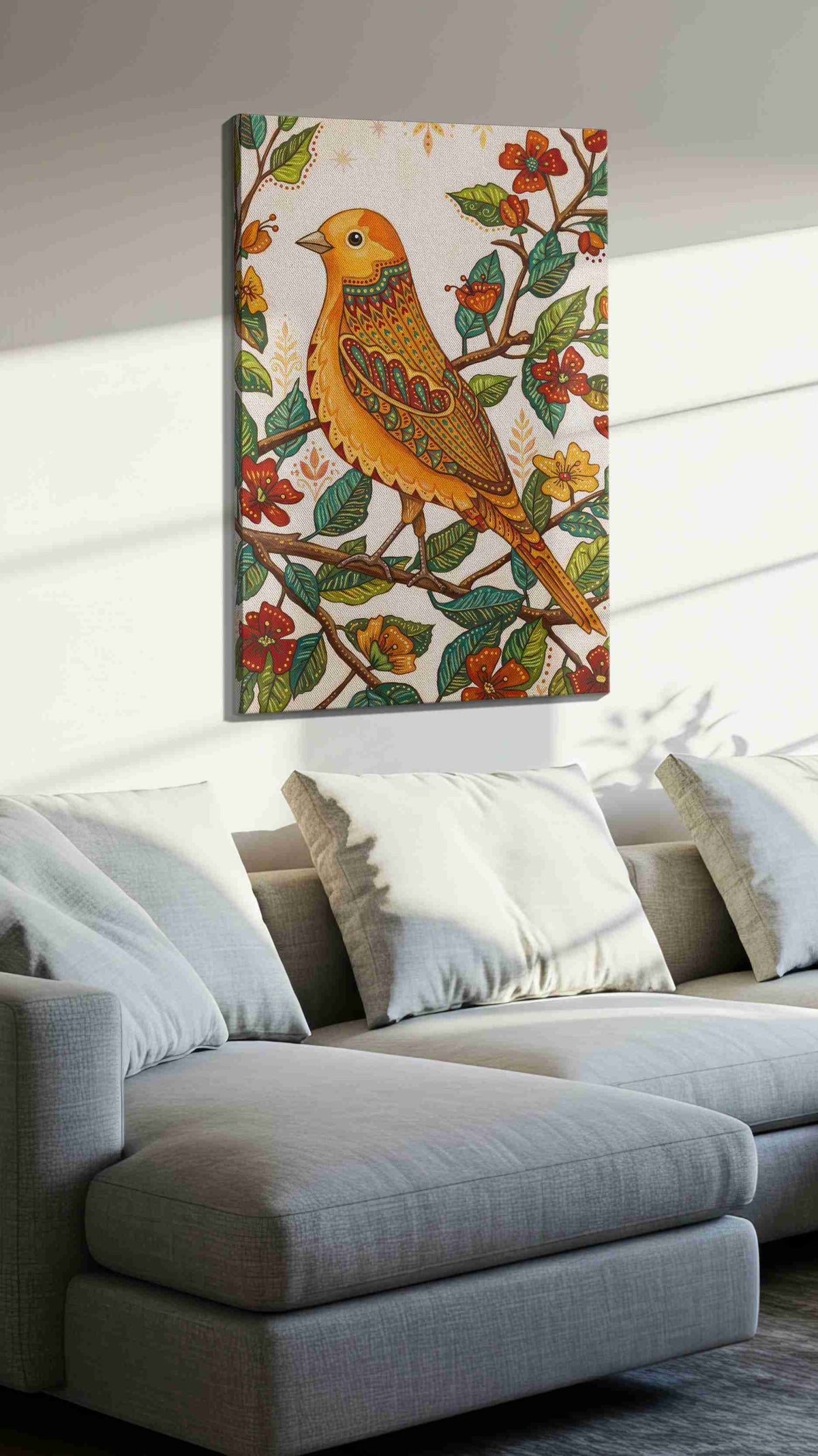 Songbird Serenade birds canvas print, displayed in a living room
